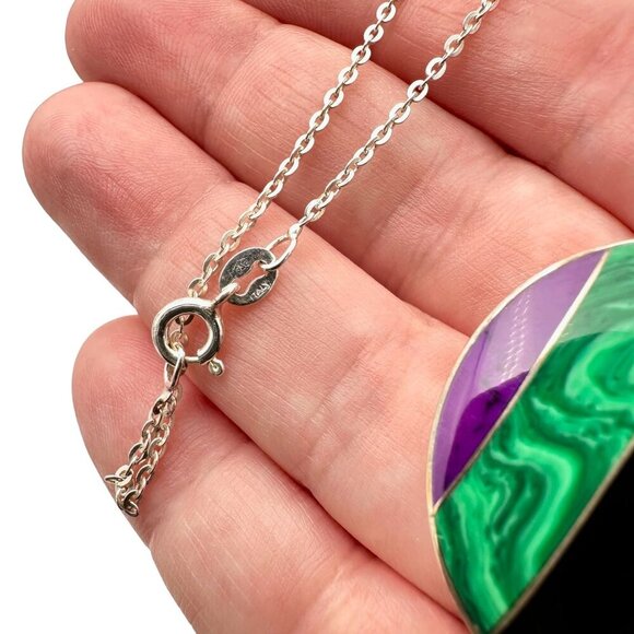 Mexico CII Womens Necklace Sterling Silver Multi Gemstone Inlay Pendant - Picture 4 of 5